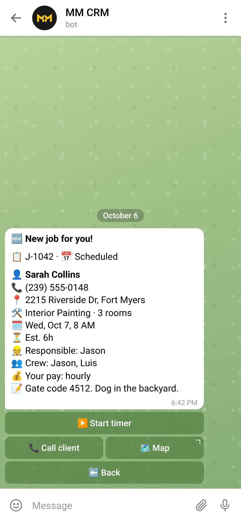 Telegram message from MM CRM: new job J-1042 for Sarah Collins, interior painting, 3 rooms, Wednesday 8 AM, estimated 6 hours, with buttons to start the timer, call the client or open the map.