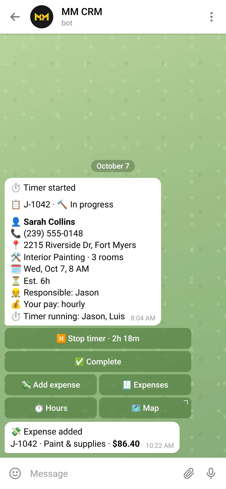 Telegram message from MM CRM: timer started on job J-1042, now in progress, with buttons to stop the timer, complete the job and add expenses; below, a confirmation that an $86.40 paint and supplies expense was added.